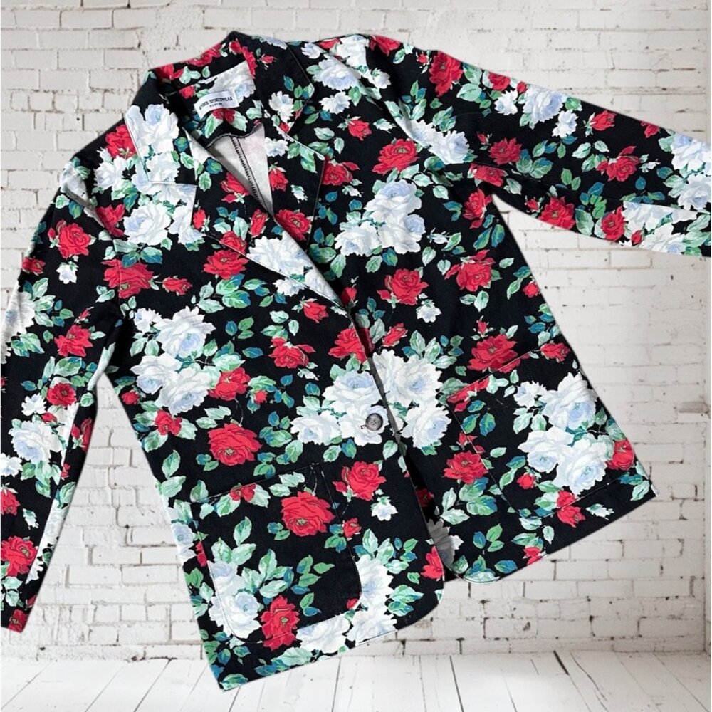 Vintage Floral Denim Blazer Jacket Size 14 Black Red White Flowers 1980s USA
